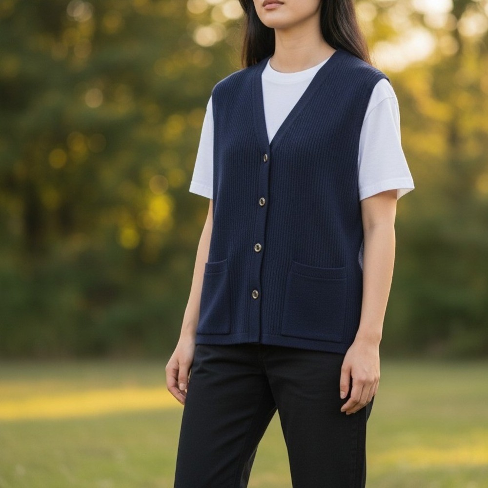 VTG German ASPA Schoeller Today Wool‎ Accent Button Sweater Vest Navy 40 US 12